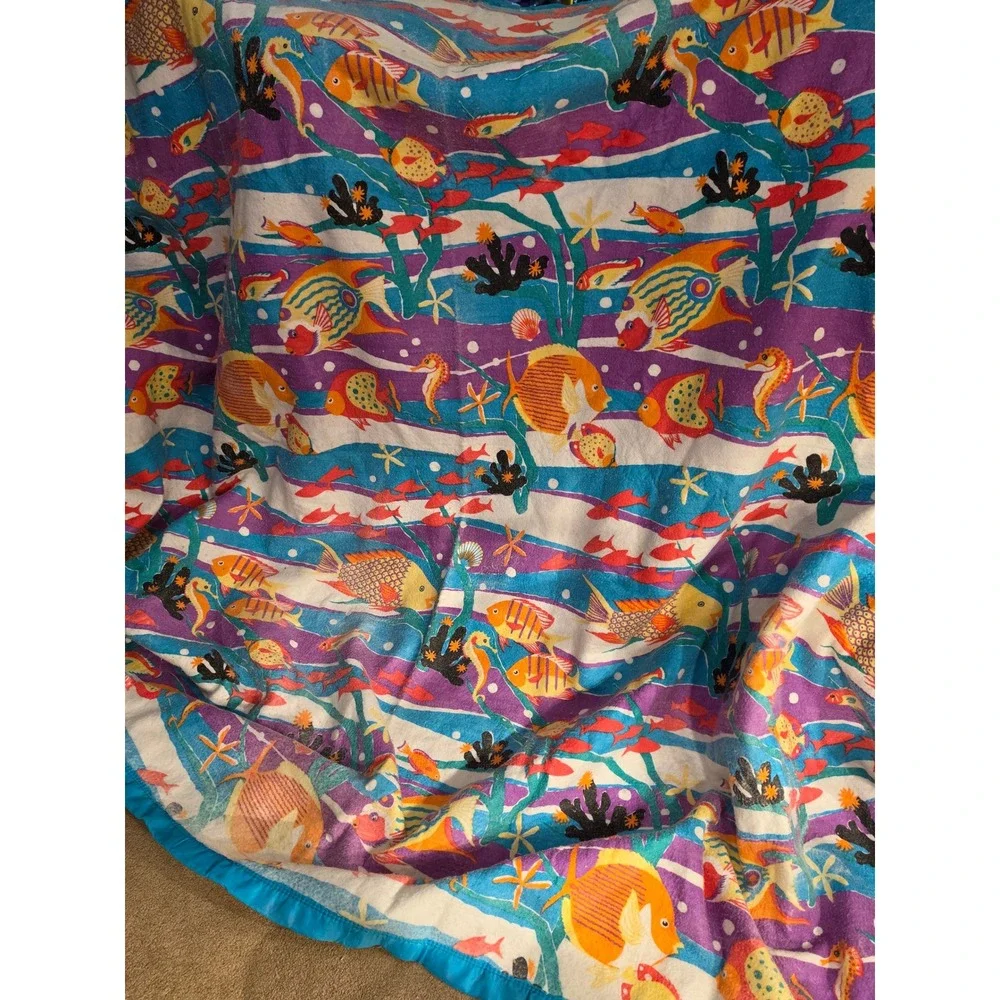 Vintage 90s Springs‎ Industries Reef Fish Plush Blanket San Marcos Style 86x96